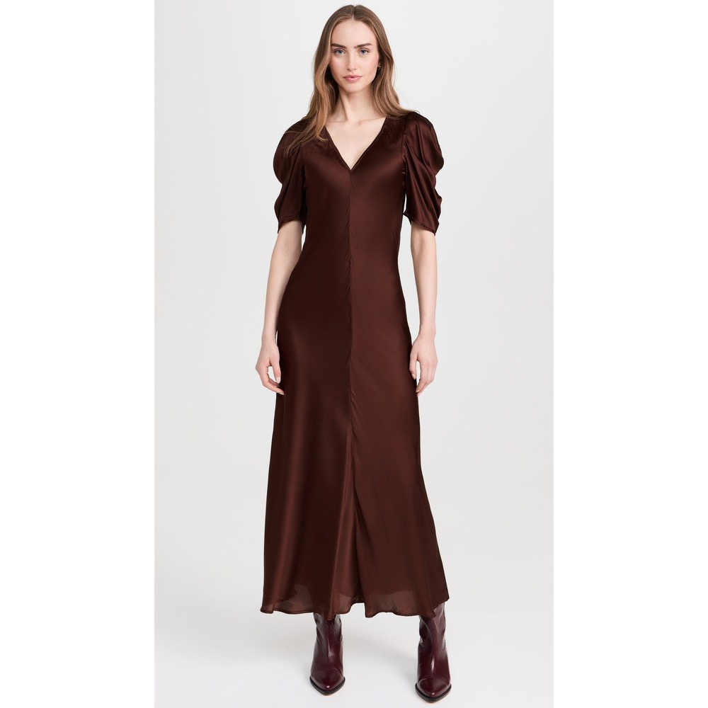 The Great The Century Dress Sz 1 S Cinnabar Brown Satin‎ Puff Sleeve Maxi